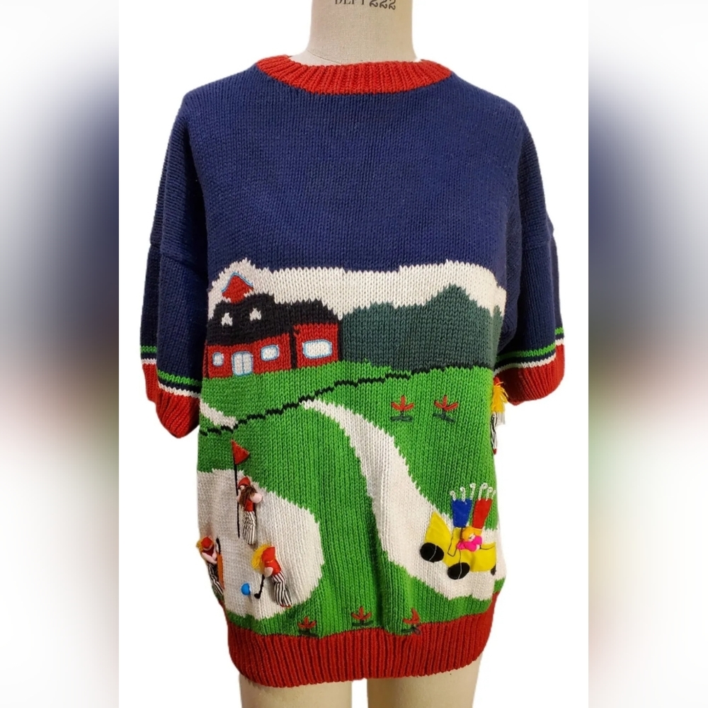 Vintage Women's Colorful 90s Golf‎ 3D Sweater Size M/L Short Sleeves Navy Sky